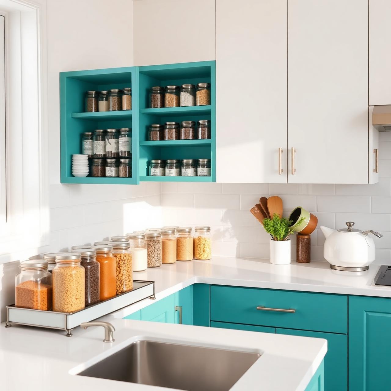 Flat-lay of organized Pakistani kitchen with spice racks and airtight jars